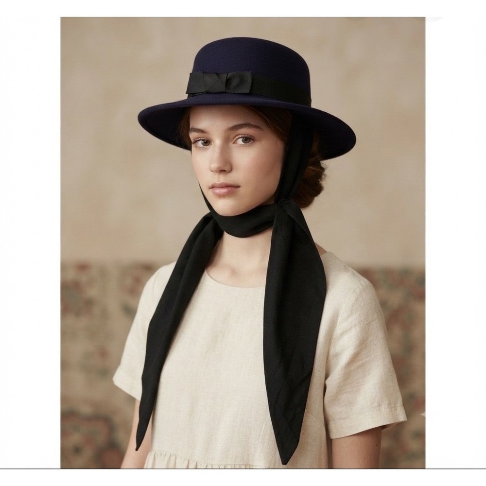 Purple wpl 5923Wool  Wide Brim Hat Black Ribbon Bow Tie Back Accent Women